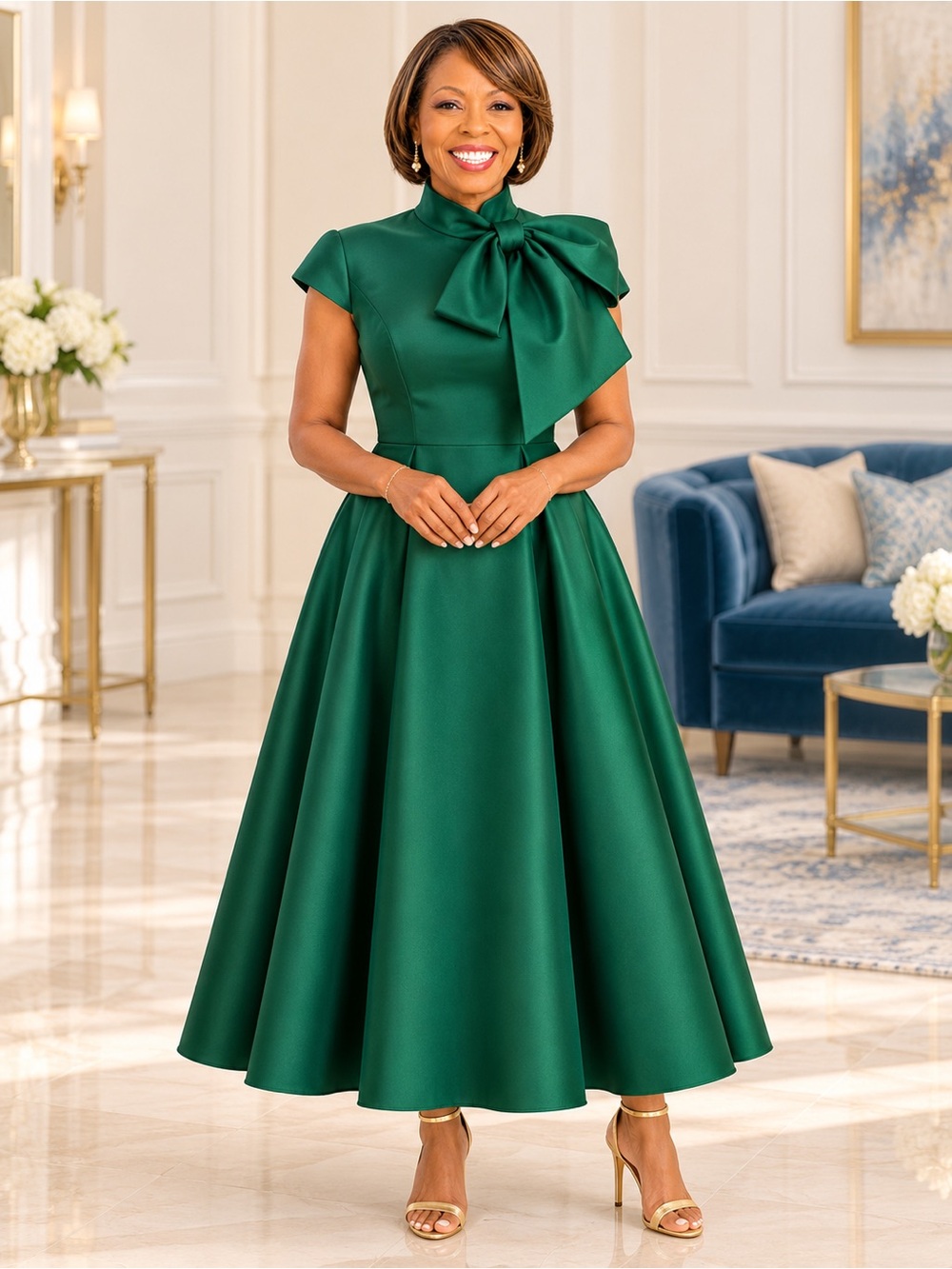Plus Size Emerald Green Bow-Neck Fit-and-Flare Maxi Dress